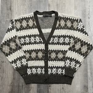 VTG David Taylor Cardigan Sweater Mens L Geometric Plaid Knit 90s Preppy Grandpa